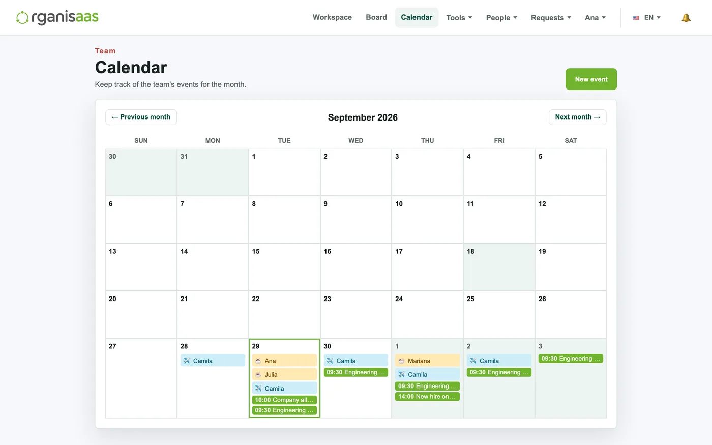 Monthly team calendar