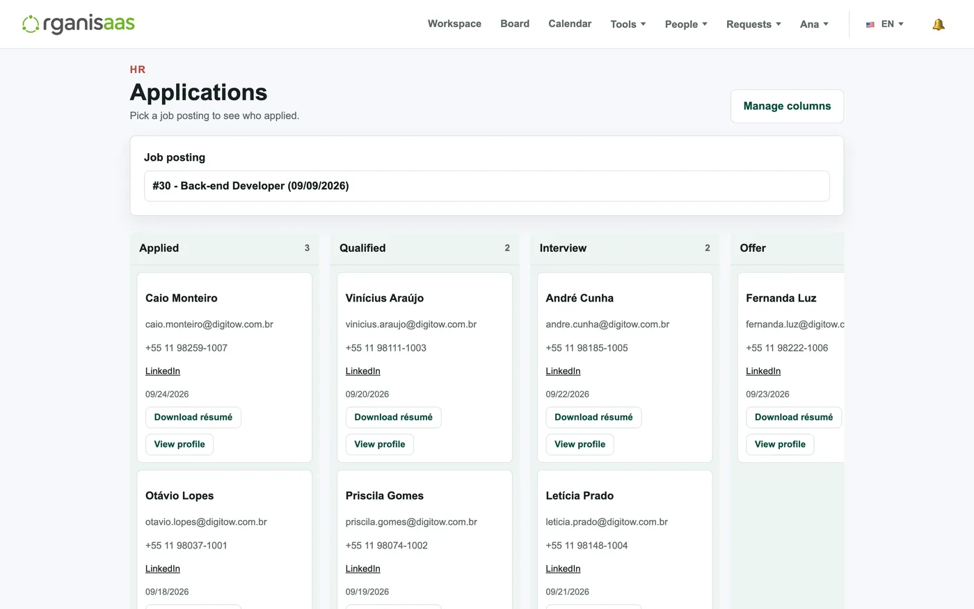 Candidate board by hiring stage