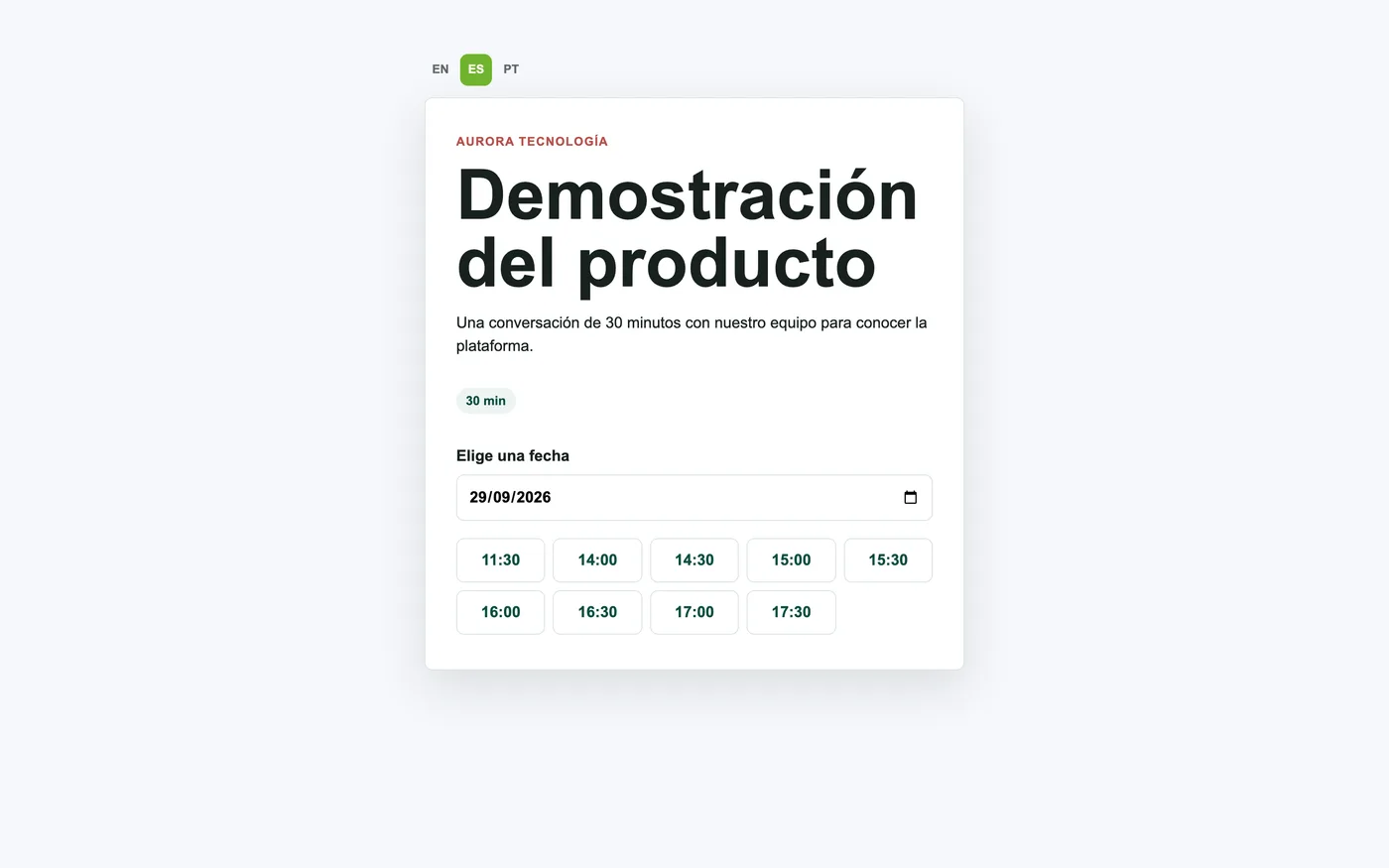 Página pública de agendamiento con horarios disponibles