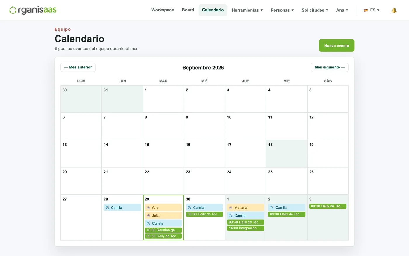 Calendario mensual del equipo