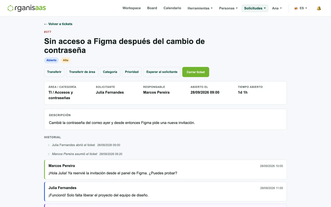 Solicitudes a TI, RR. HH. o Finanzas, con conversación, estado y calificación.