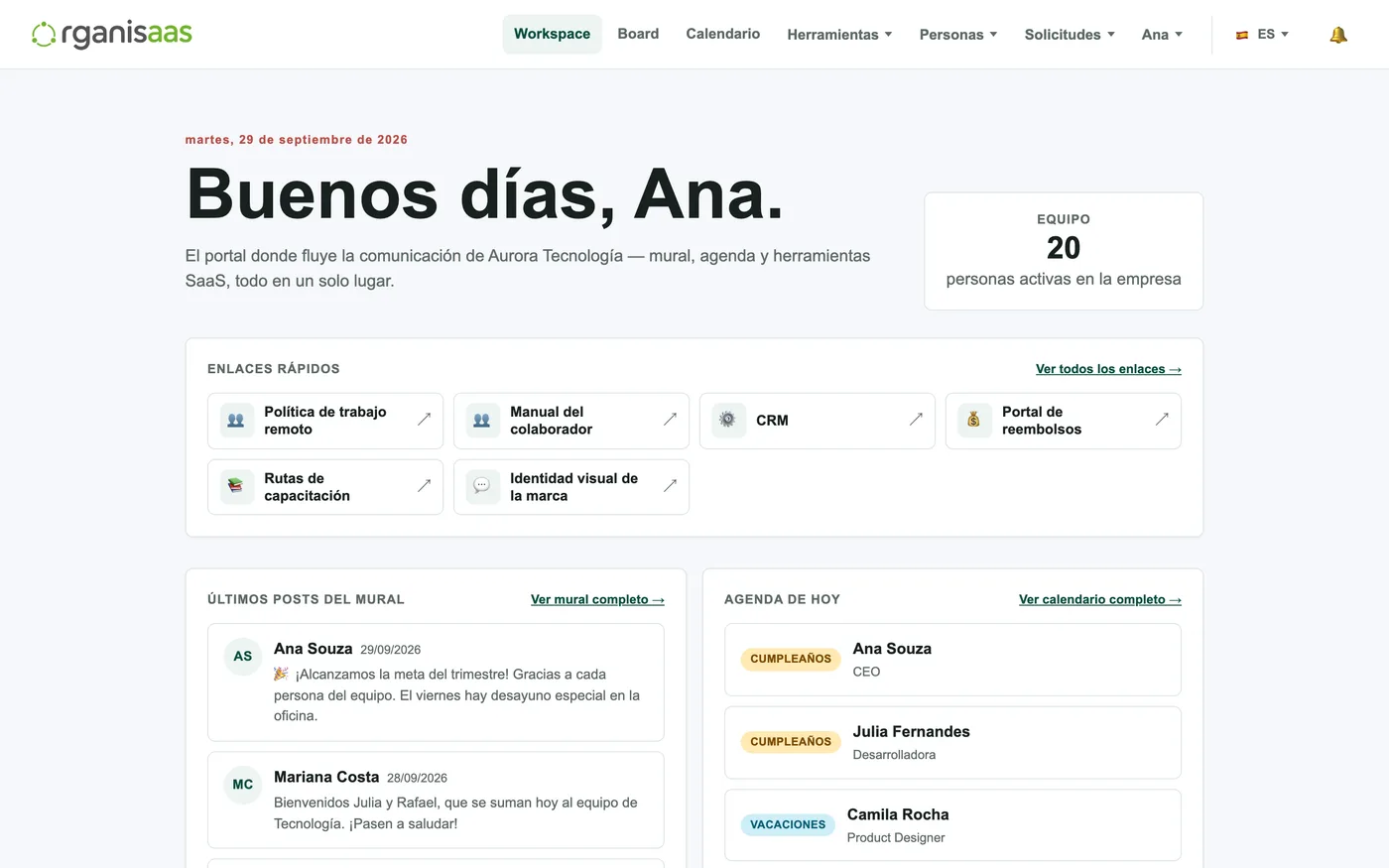 Pantalla de inicio de Organisaas con la agenda del día, el muro y los cumpleaños