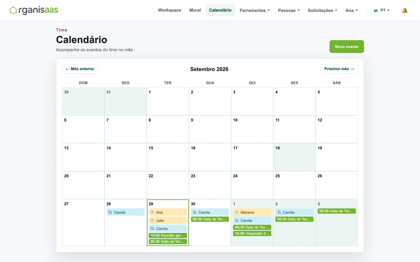 Calendário mensal do time