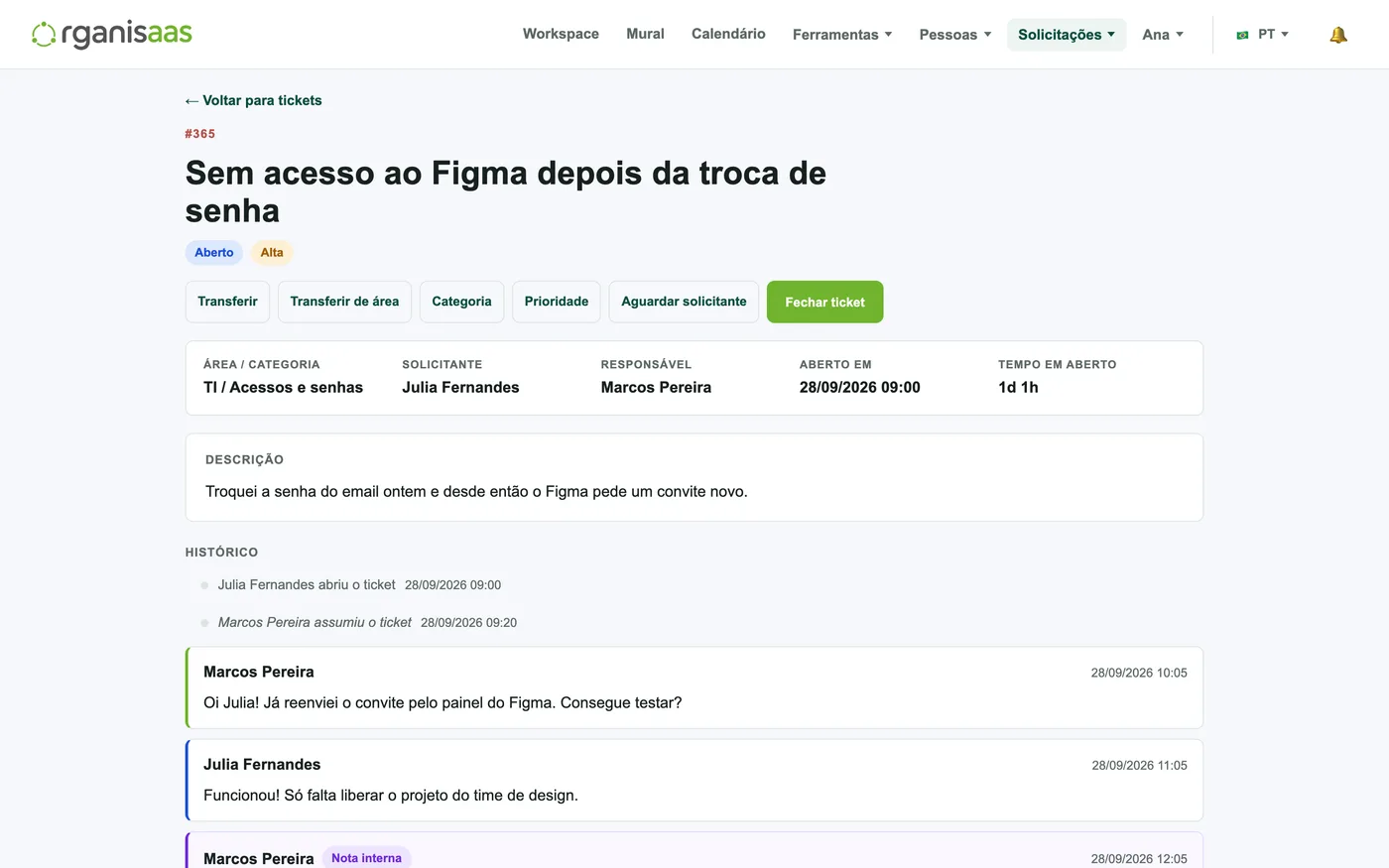 Chamados para TI, RH ou Financeiro, com conversa, status e avaliação.