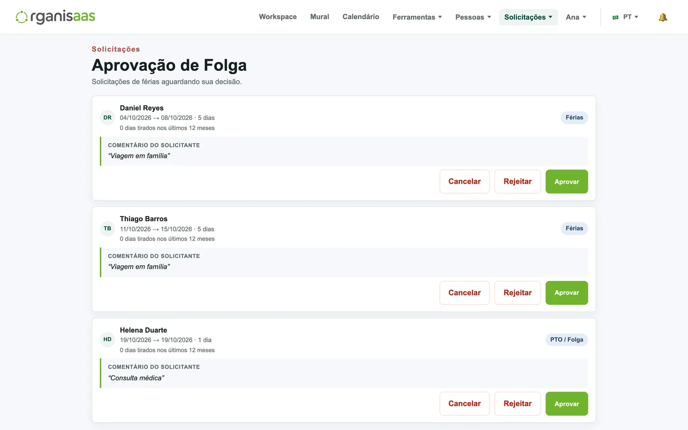 Solicitação de folga e férias