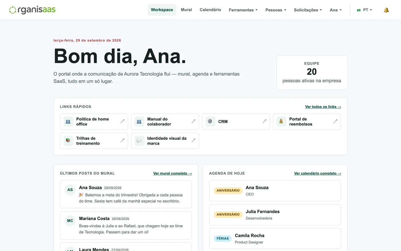 Tela inicial do Organisaas com agenda do dia, mural e aniversariantes